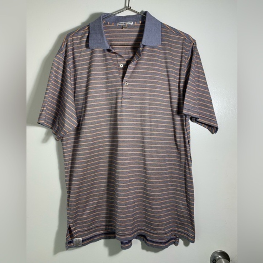 Peter Millar, orange and blue striped short sleeve polo. L